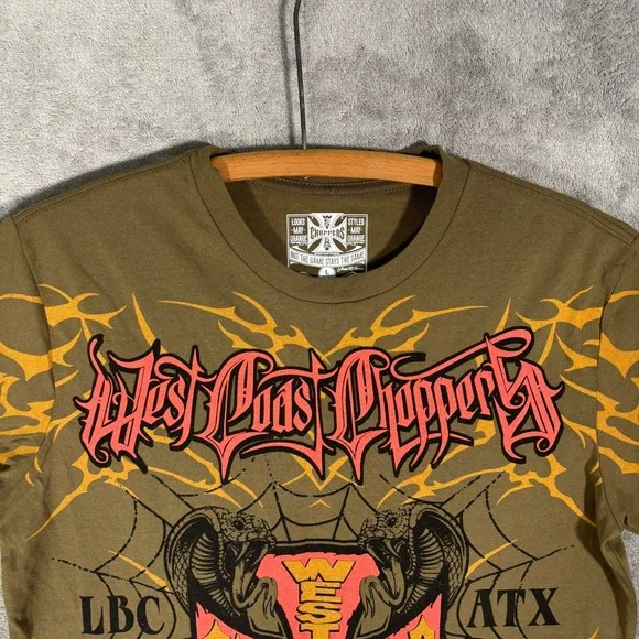 West Coast Choppers Mens Large Olive Green Graphic T-Shirt Cobra Iron Cross Y2K - Picture 6 of 9